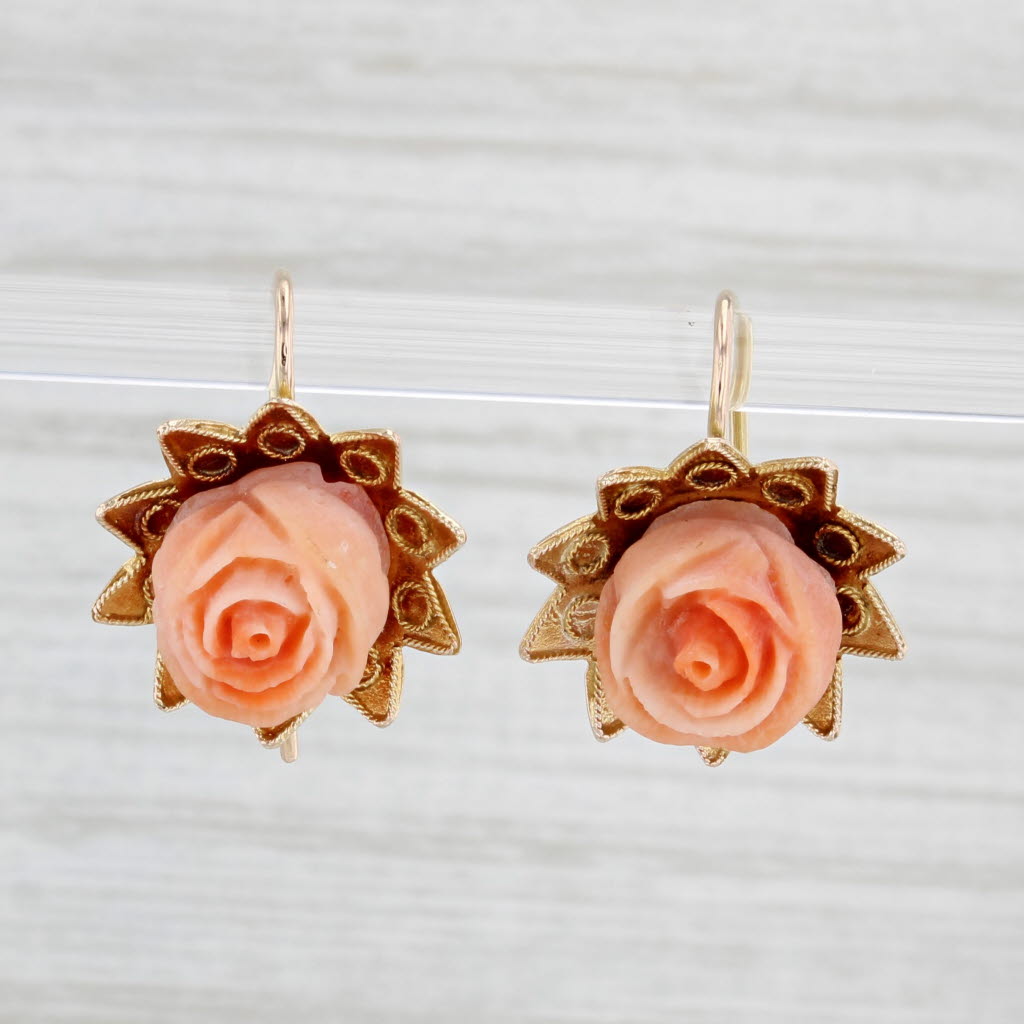 Light Gray Antique Carved Coral Rose Flower Earrings 10k Yellow Gold Drops