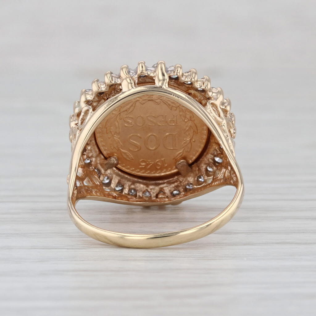 Diamond Bezel 1945 Dos Pesos Mexican Coin Ring 14k 900 Yellow Gold Size 7.75