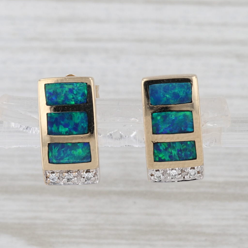 Blue Green Opal Diamond Stud Earrings 14k Yellow Gold Studs