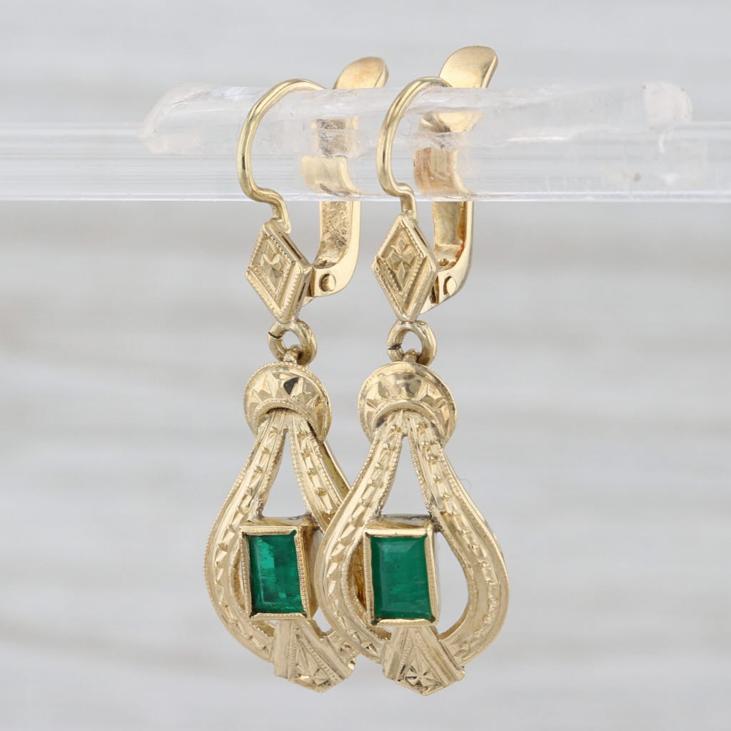 Vintage 0.55ctw Emerald Knot Dangle Earrings 16k Yellow Gold