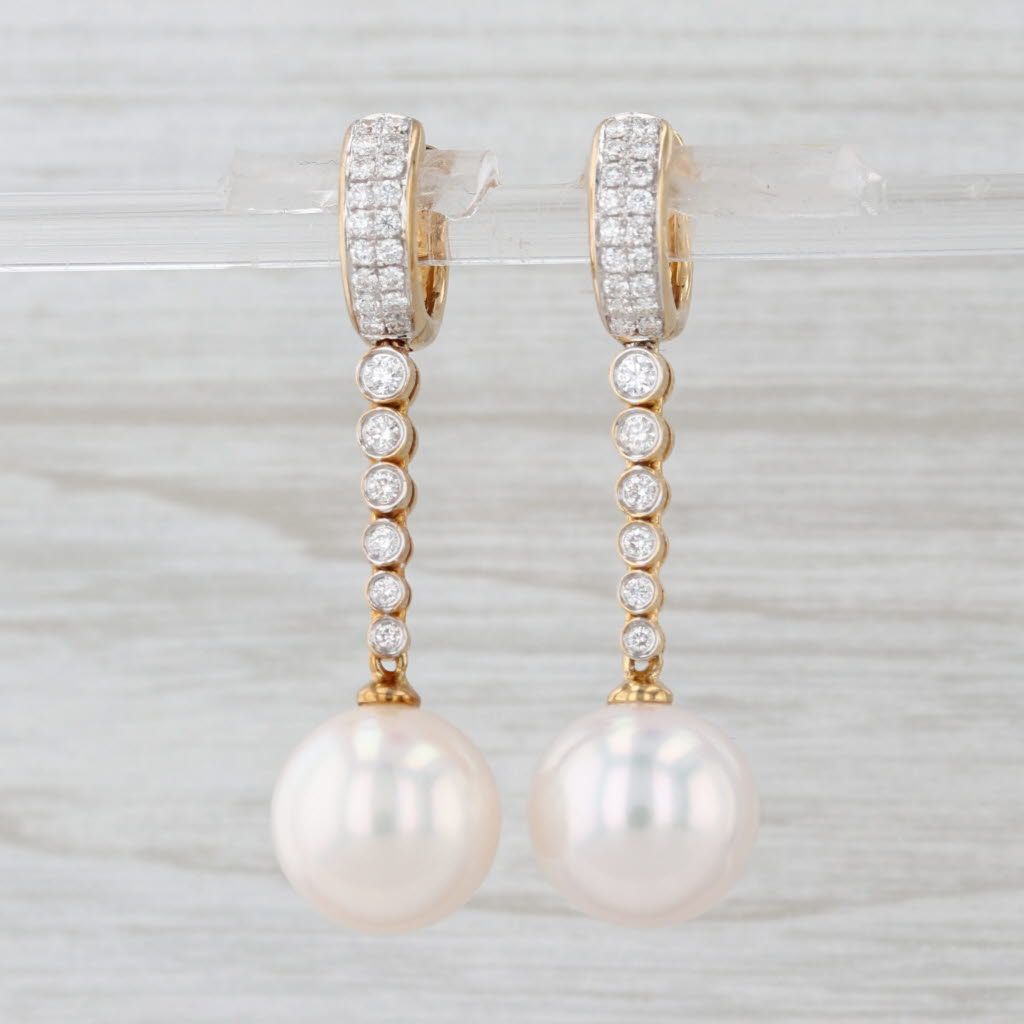 Light Gray New Cultured Pearl 0.62ctw Diamond Dangle Earrings 18k Yellow Gold