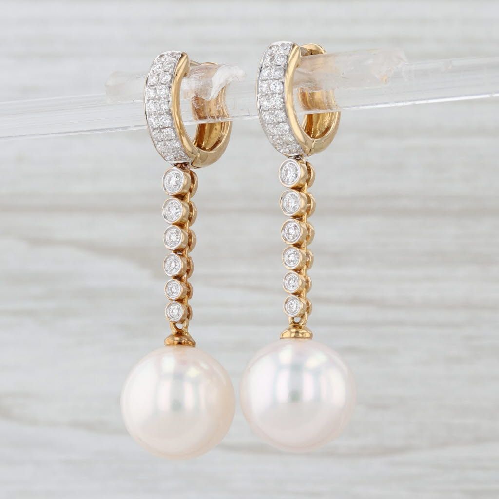 Light Gray New Cultured Pearl 0.62ctw Diamond Dangle Earrings 18k Yellow Gold