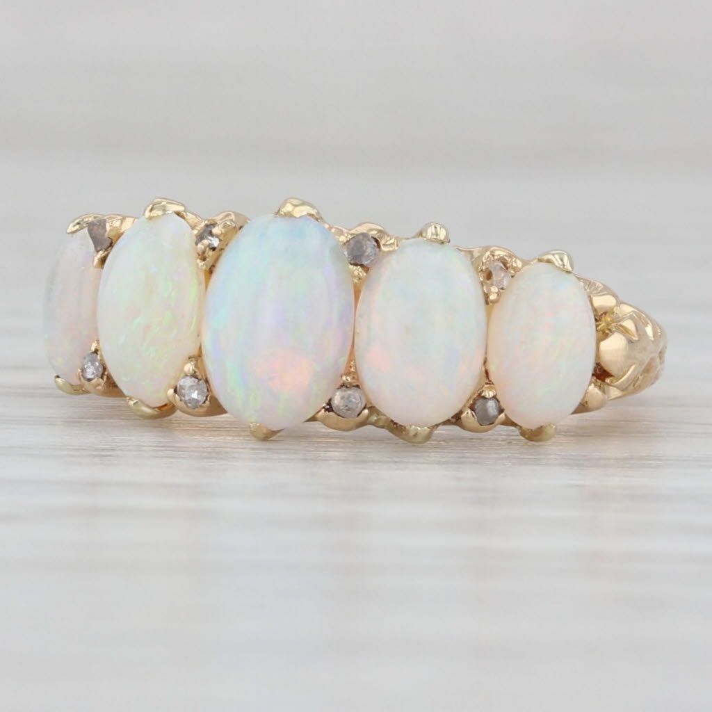 Light Gray Vintage Fiery Opal Cabochons Ring 18k Yellow Gold Diamond Accents Size 4.25