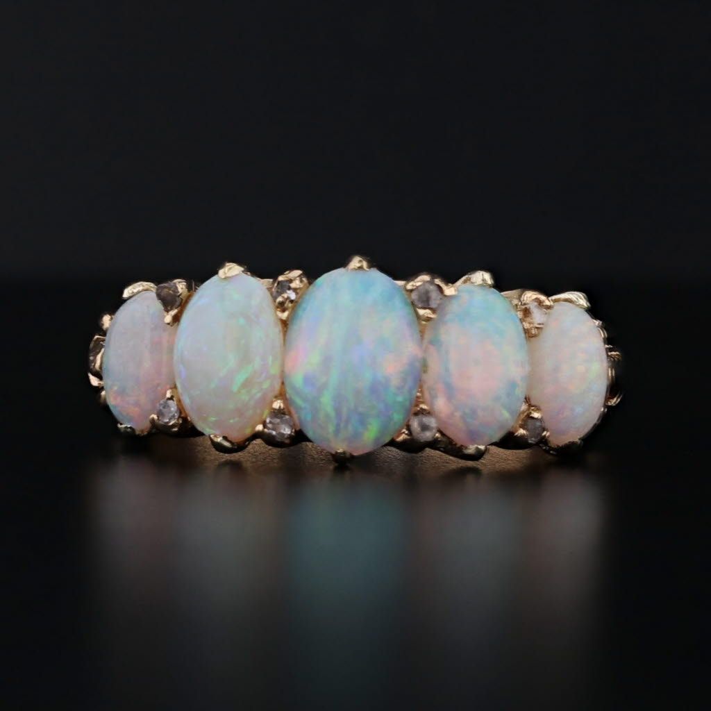 Black Vintage Fiery Opal Cabochons Ring 18k Yellow Gold Diamond Accents Size 4.25