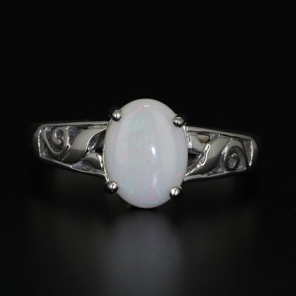 Opal Ring 14K White Gold Size 7 Oval Cabochon Soltiaire