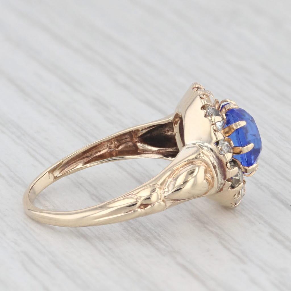 Vintage Blue Glass White Glass Halo Ring 10k Yellow Gold Size 6.5