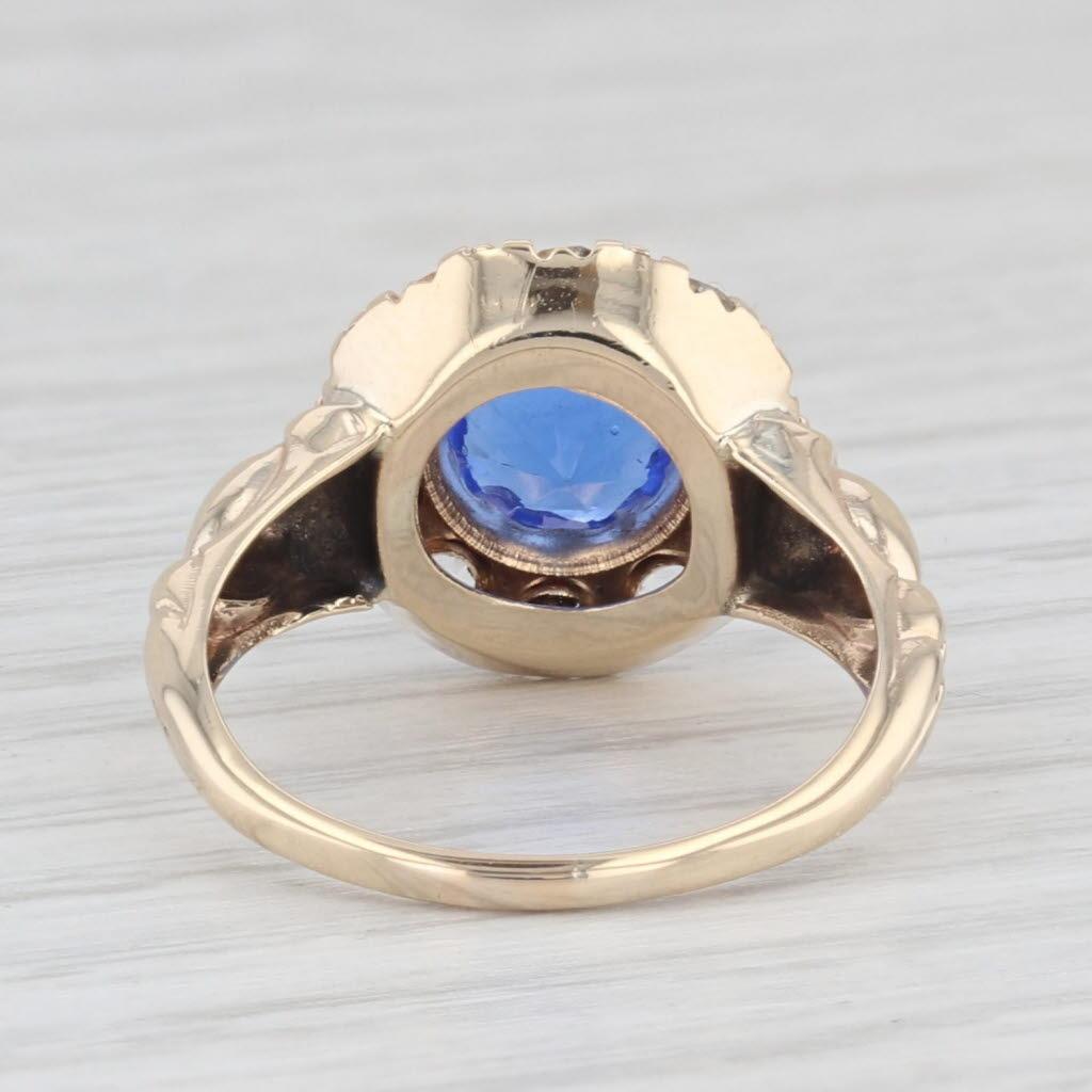 Vintage Blue Glass White Glass Halo Ring 10k Yellow Gold Size 6.5