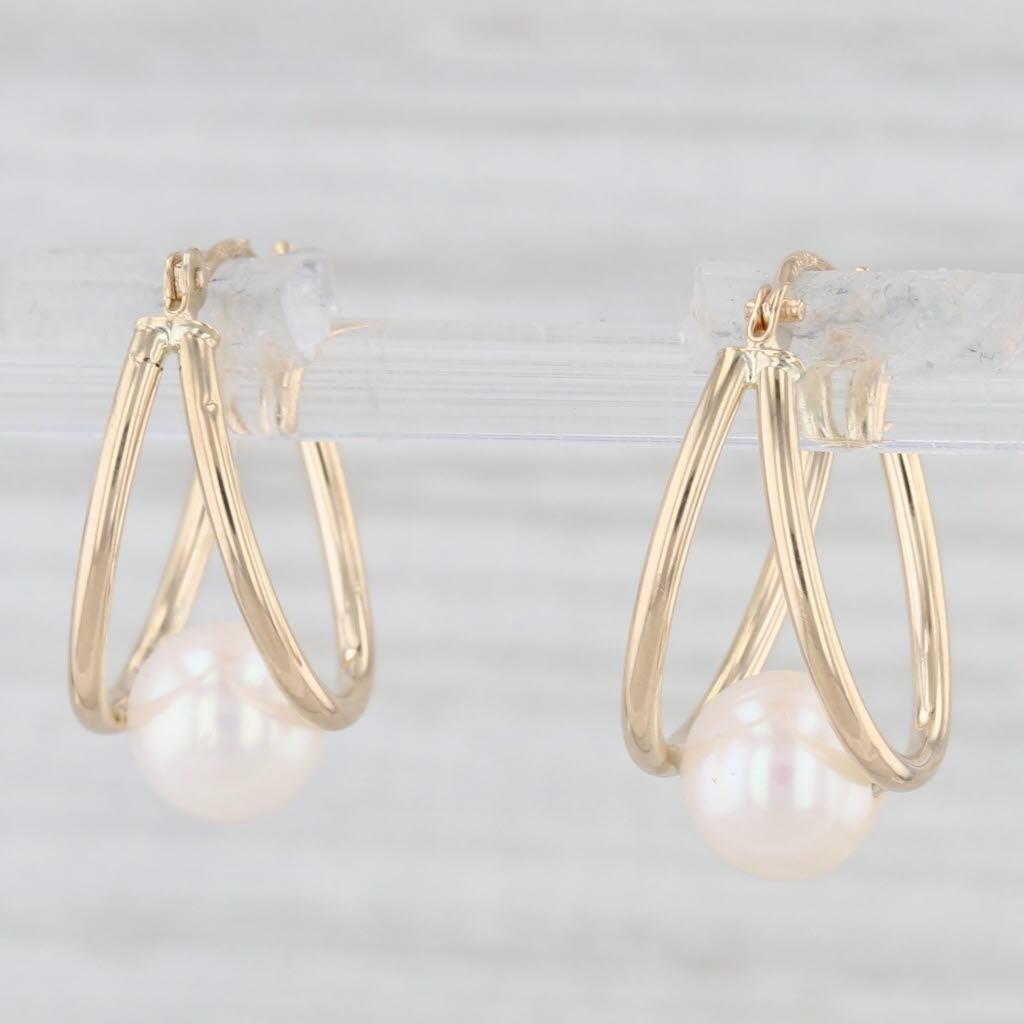 Cultured Pearl Hoop Earrings 14k Yellow Gold Snap Top Oval Hoops