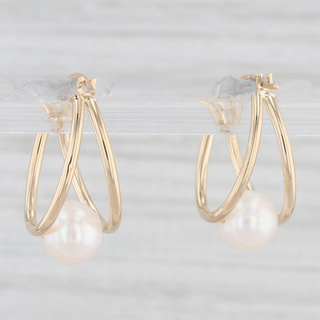 Cultured Pearl Hoop Earrings 14k Yellow Gold Snap Top Oval Hoops