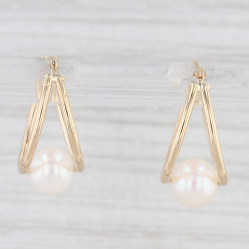 Cultured Pearl Hoop Earrings 14k Yellow Gold Snap Top Oval Hoops