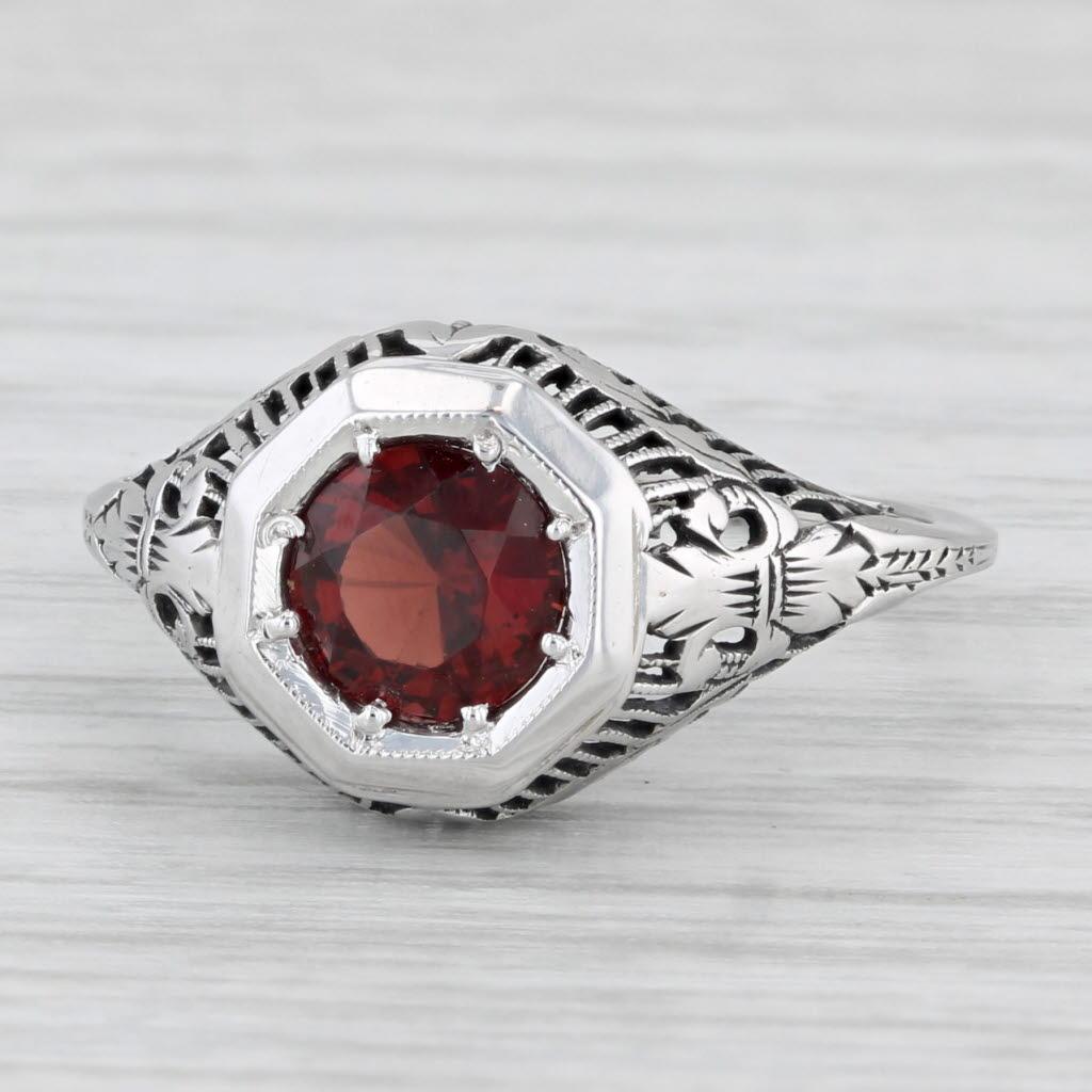 1ct Garnet Solitaire Filigree Ring 14k White Gold Size 7.25 Vintage Art Deco