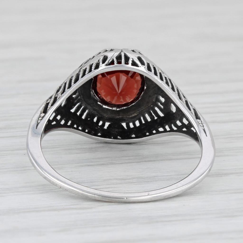 1ct Garnet Solitaire Filigree Ring 14k White Gold Size 7.25 Vintage Art Deco