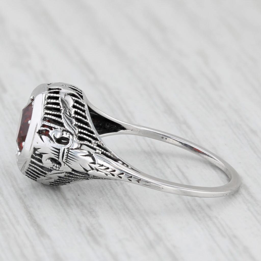 1ct Garnet Solitaire Filigree Ring 14k White Gold Size 7.25 Vintage Art Deco