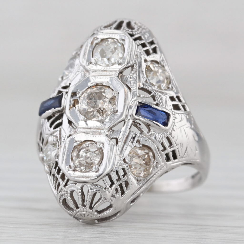 Light Gray Lab Created Sapphire Diamond Art Deco Ring 14k White Gold Size 4