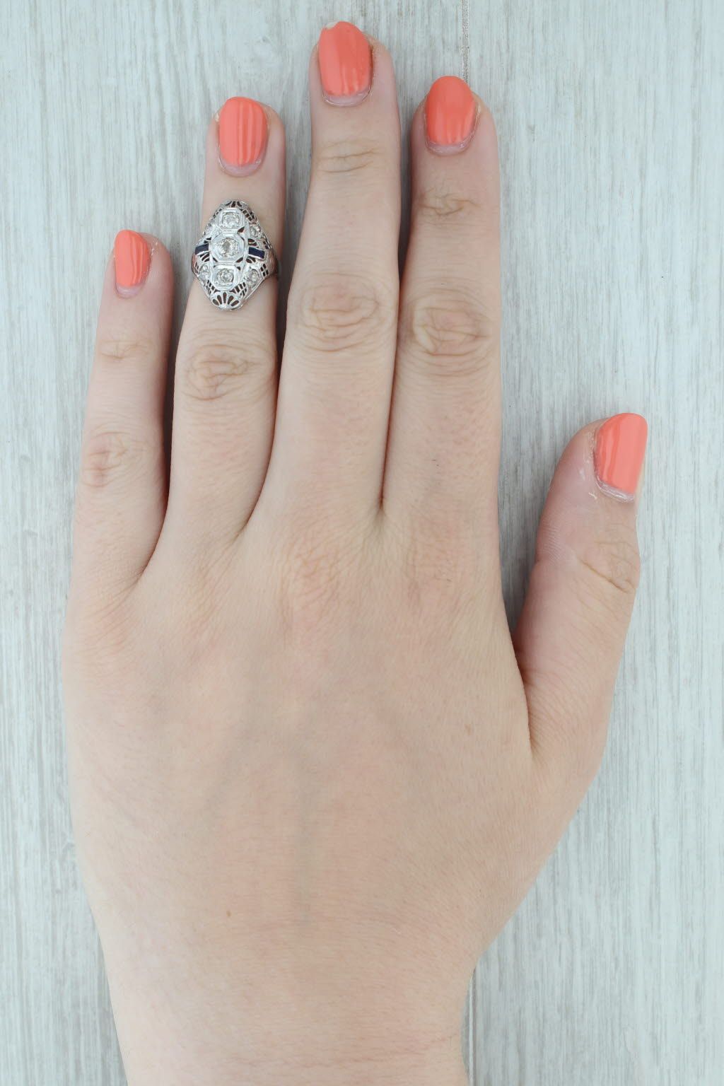 Gray Lab Created Sapphire Diamond Art Deco Ring 14k White Gold Size 4