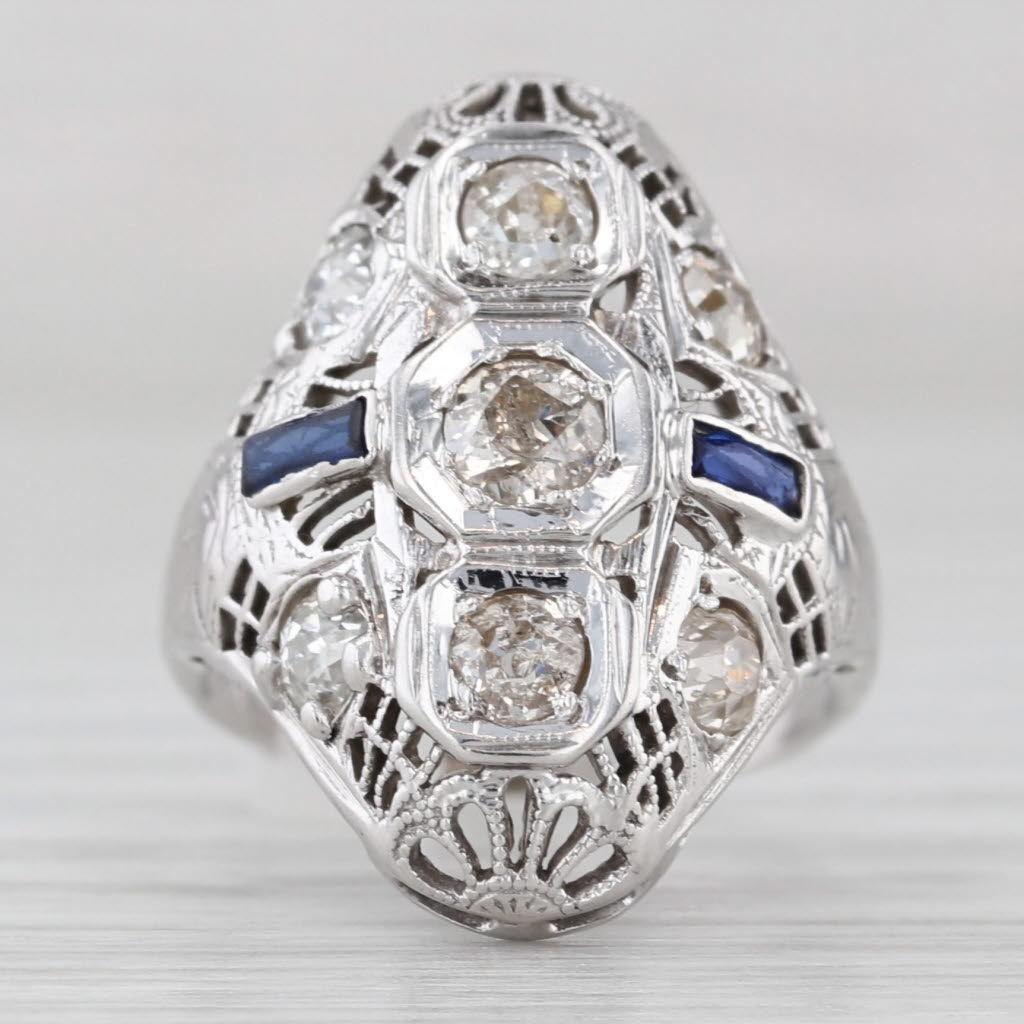 Light Gray Lab Created Sapphire Diamond Art Deco Ring 14k White Gold Size 4