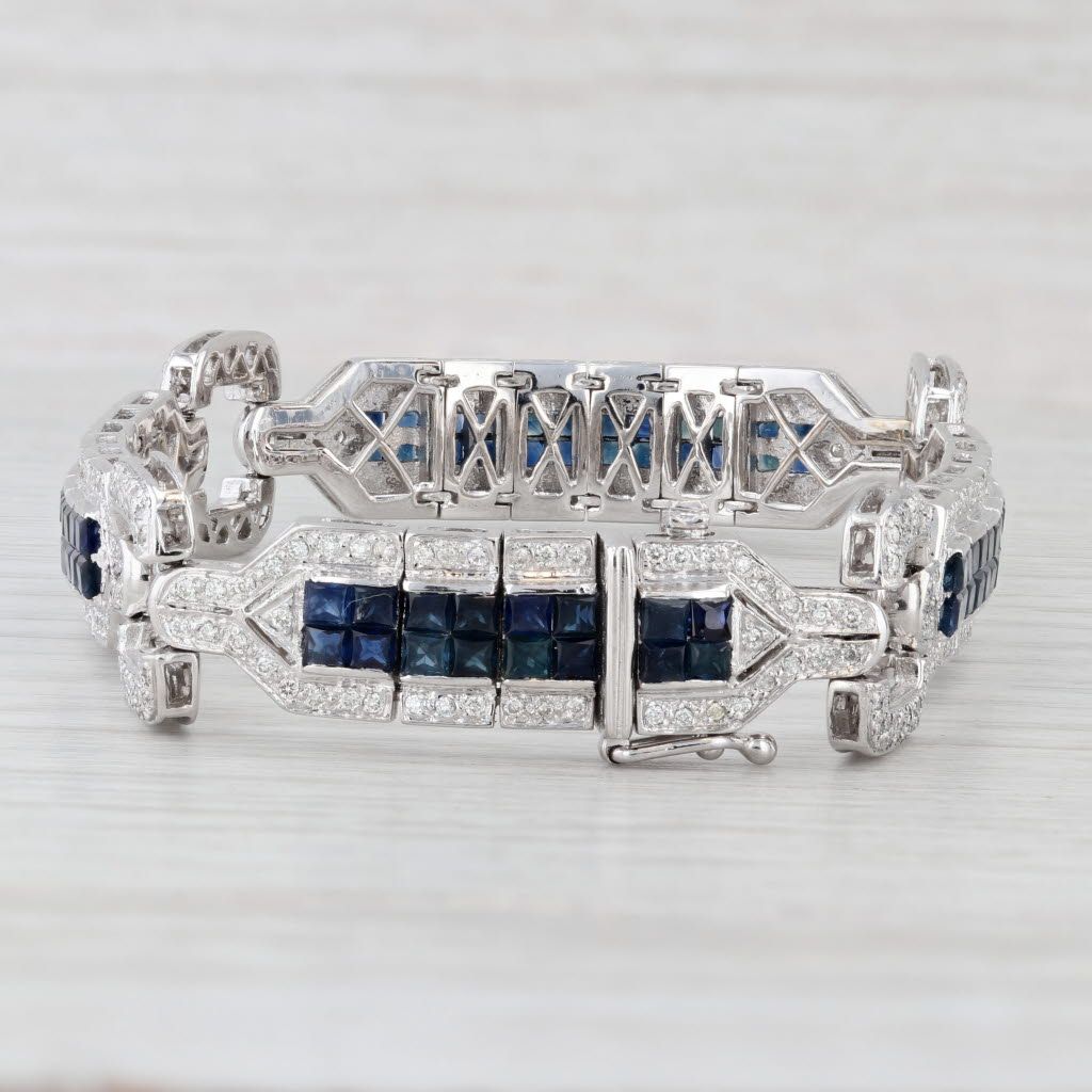Light Gray 6.75ctw Blue Sapphire Diamond Bracelet 18k White Gold 7.75" 13.6mm
