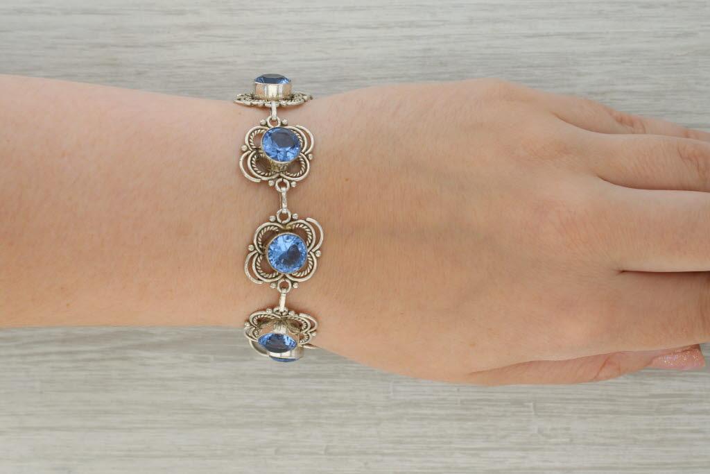 Vintage Blue Glass Flower Bracelet Sterling Silver Statement 7" 19.1mm