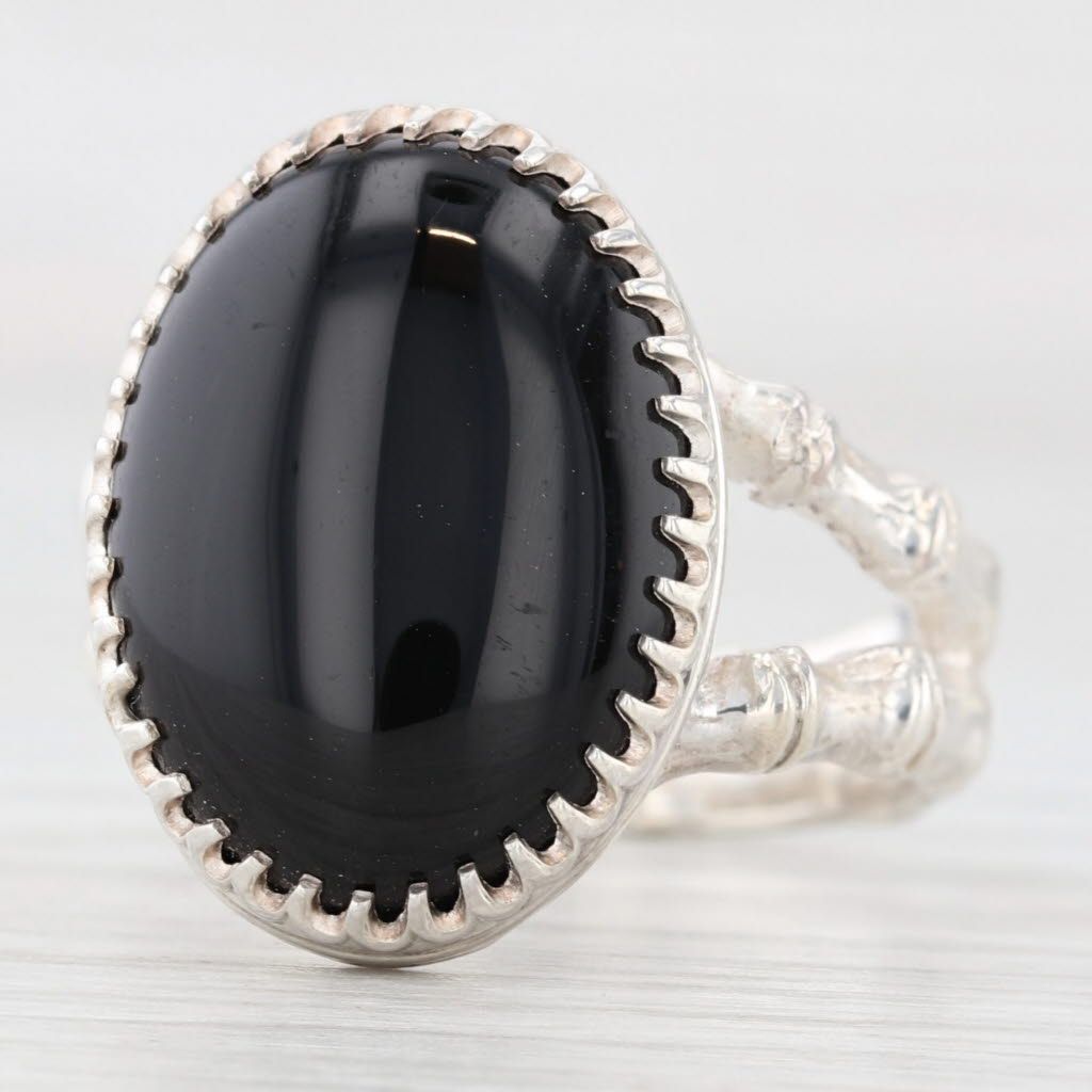 Dark Slate Gray Oval Onyx Cabochon Solitaire Bamboo Ring Sterling Silver Size 6.75