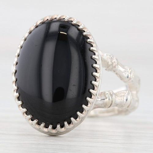 Dark Slate Gray Oval Onyx Cabochon Solitaire Bamboo Ring Sterling Silver Size 6.75