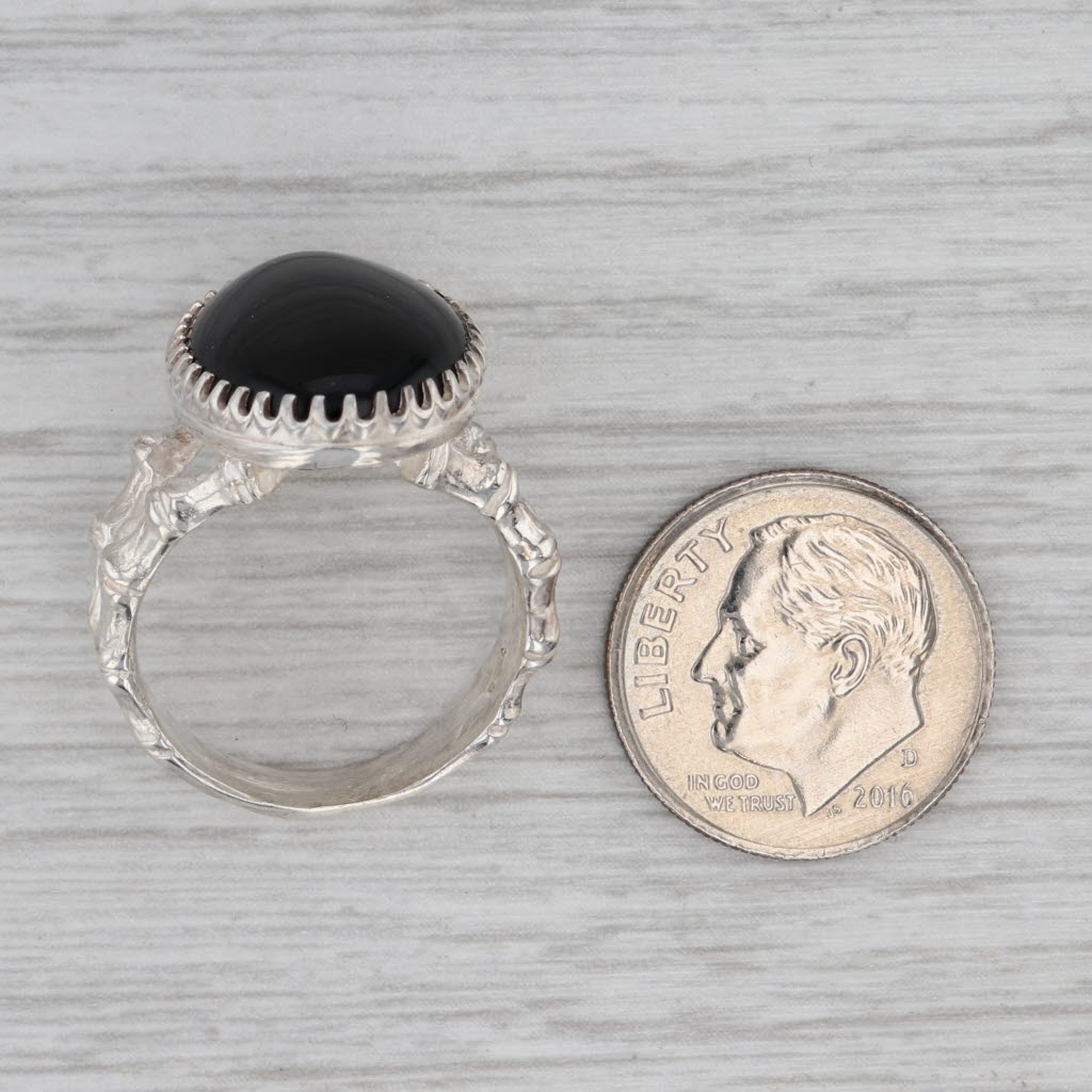 Gray Oval Onyx Cabochon Solitaire Bamboo Ring Sterling Silver Size 6.75