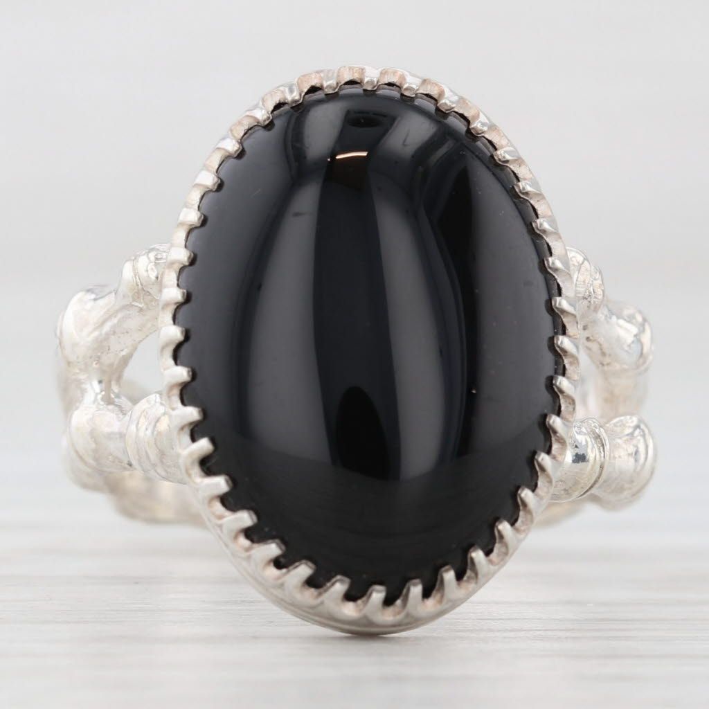 Dark Slate Gray Oval Onyx Cabochon Solitaire Bamboo Ring Sterling Silver Size 6.75