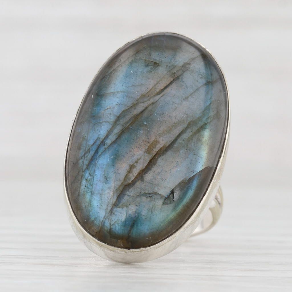 Light Gray Large Labradorite Oval Cabochon Statement Ring Sterling Silver Size 8.25