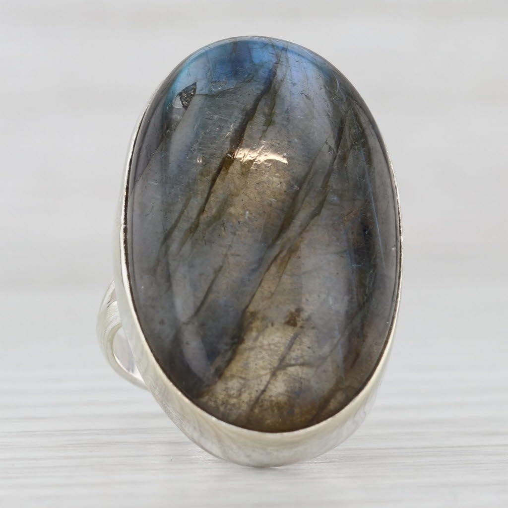 Light Gray Large Labradorite Oval Cabochon Statement Ring Sterling Silver Size 8.25