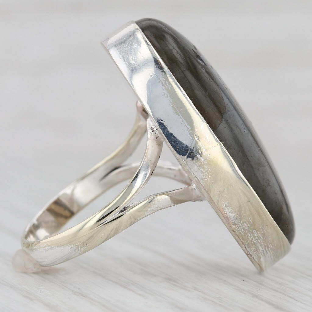 Gray Large Labradorite Oval Cabochon Statement Ring Sterling Silver Size 8.25