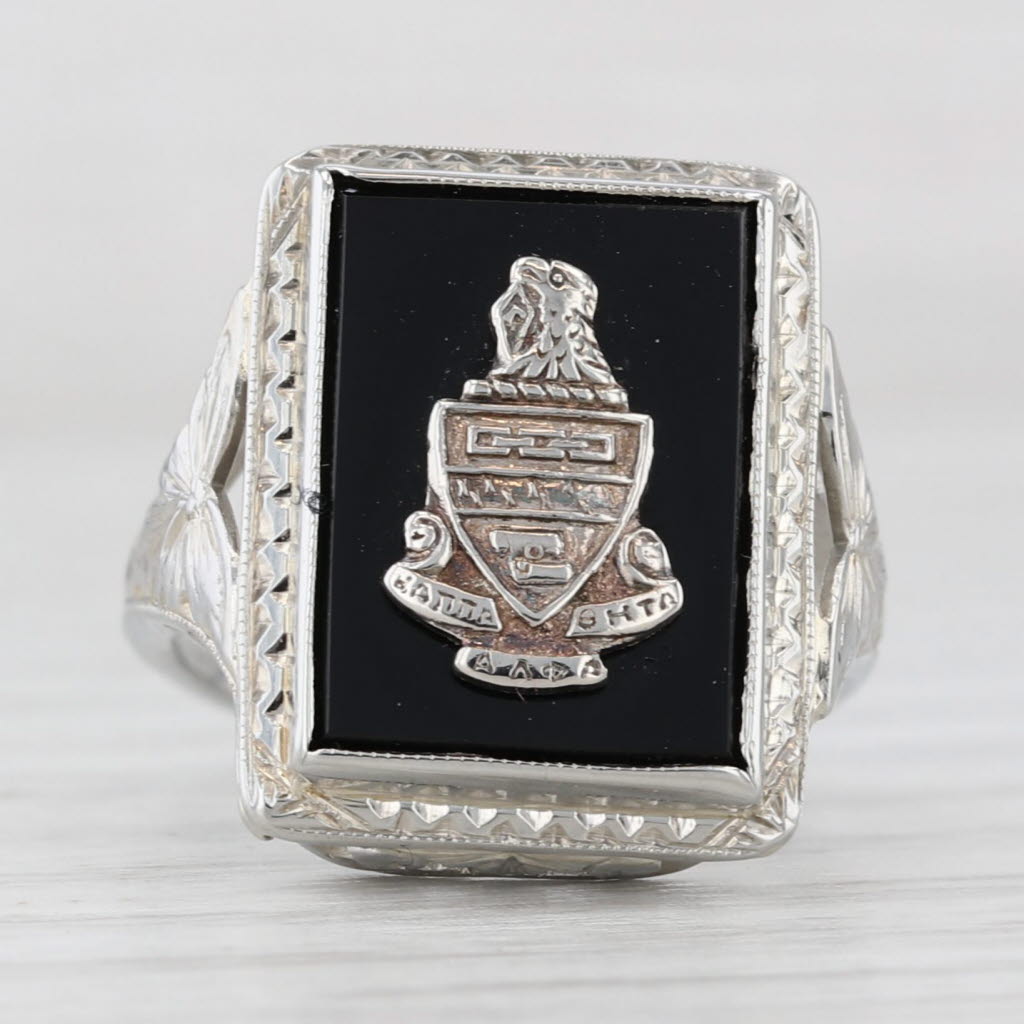 Light Gray Vintage Kappa Alpha Theta Onyx Sorority Signet Ring 14k White Gold Size 4