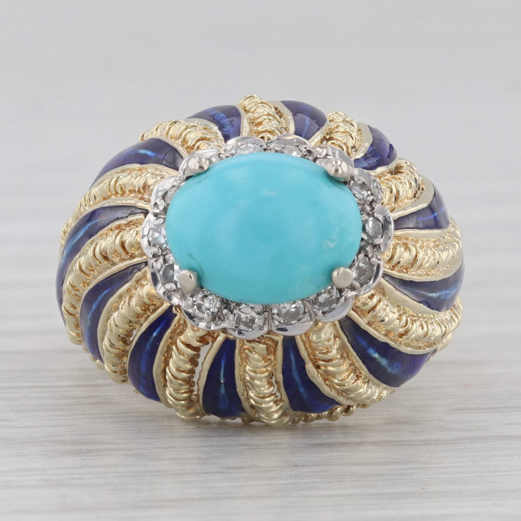 Gray Vintage Turquoise Diamond Enamel Cocktail Ring 14k Yellow Gold Size 5.75