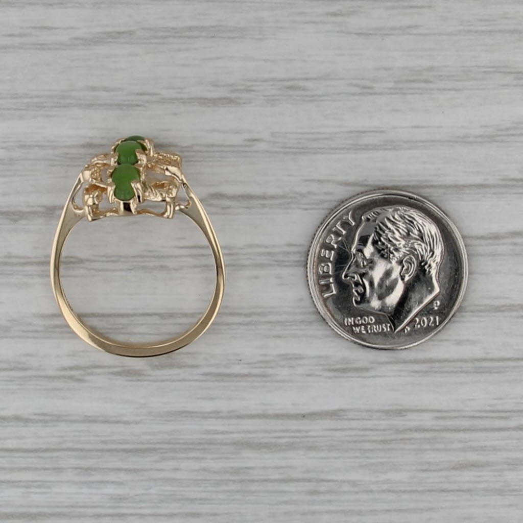 3-Stone Green Nephrite Jade Ring 14k Yellow Gold Size 6.5