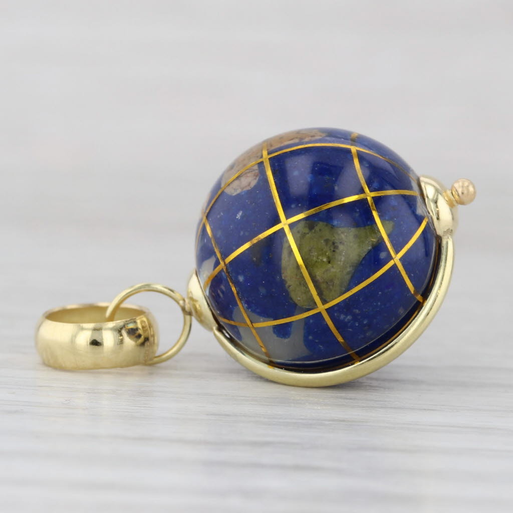 Spinning Globe Pendant 18k Yellow Gold Stone Mosaic Inlay Charm World Continents
