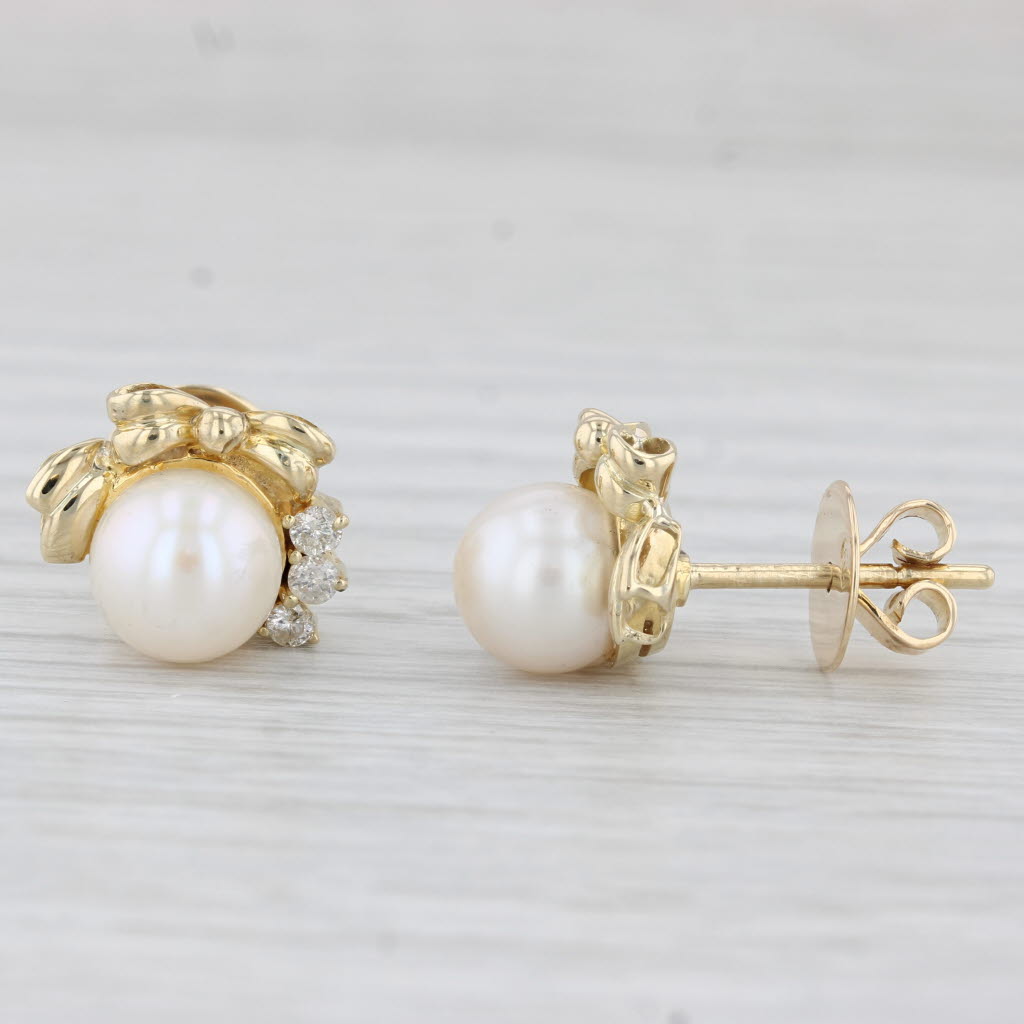 Light Gray Cultured Pearl 0.20ctw Diamond Bow Stud Earrings 14k Yellow Gold