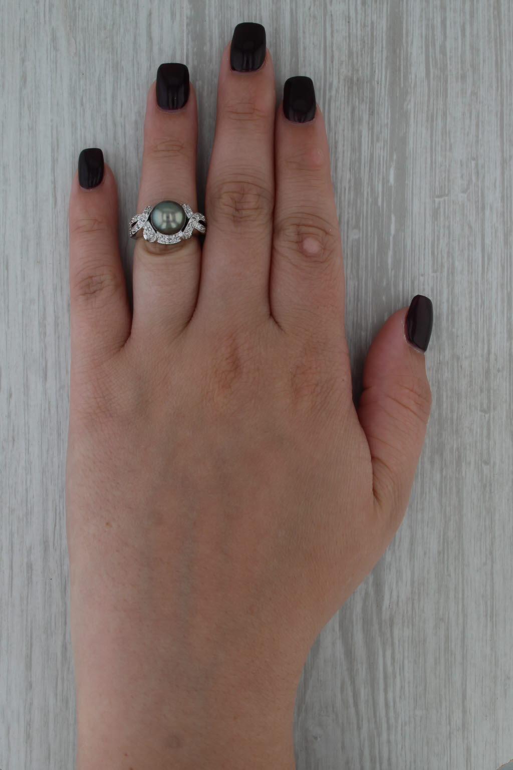 Black Cultured Pearl Diamond Ring 14k White Gold Size 5