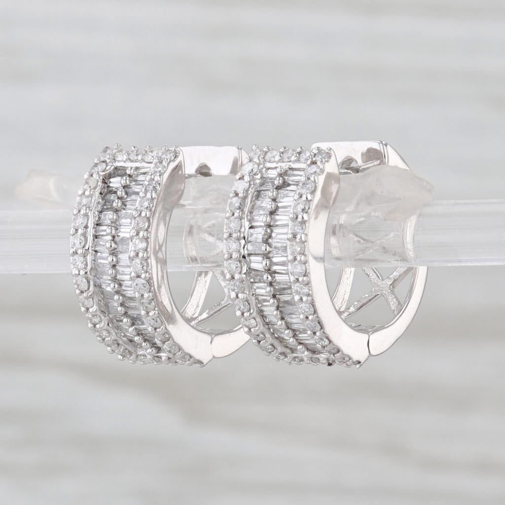 0.51ctw Diamond Hoop Huggie Earrings 10k White Gold Hinged Round Hoops