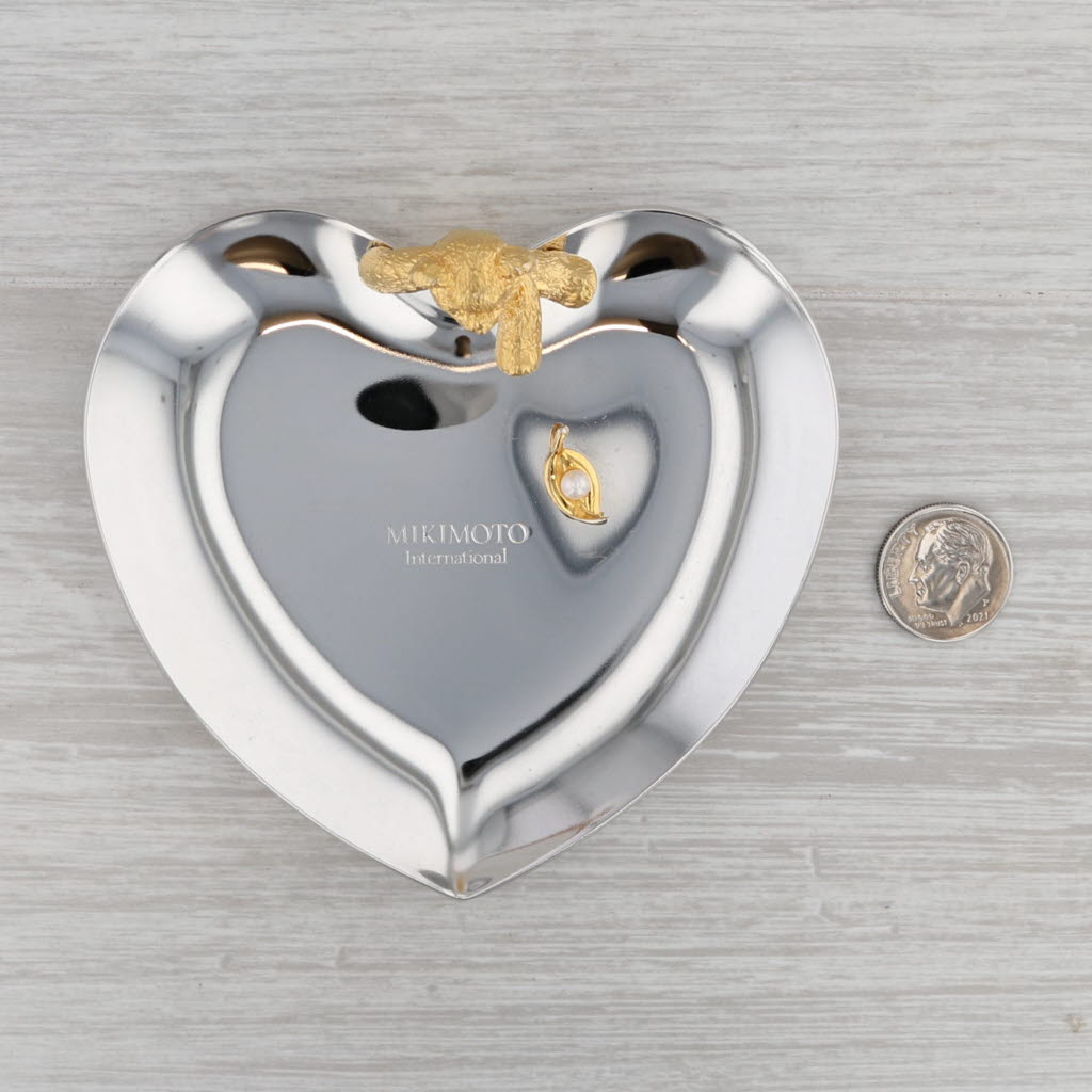 Gray Mikimoto Teddy Bear Heart Jewelry Trinket Tray with Pearl Silver & Gold Toned