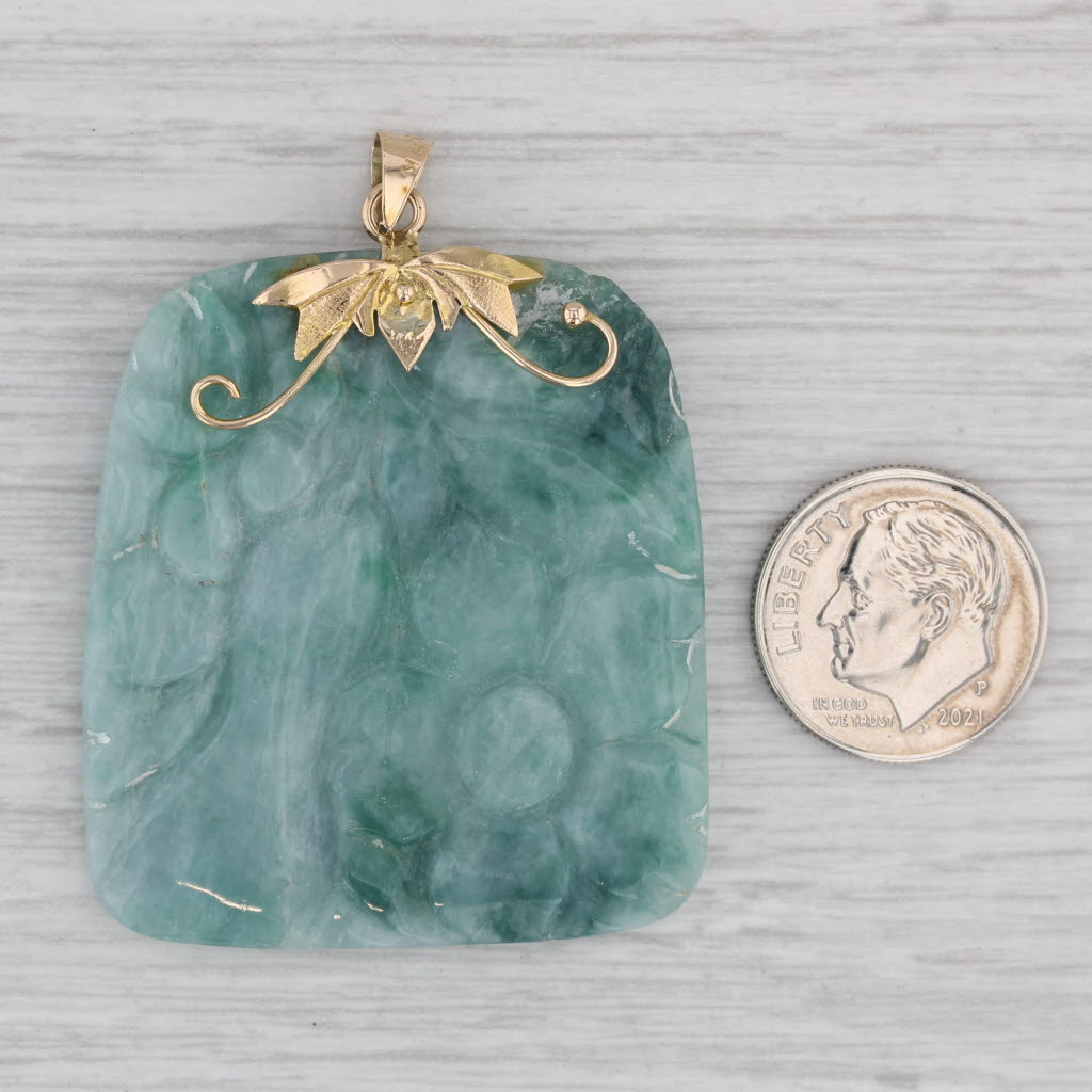 Gray Carved Green Jadeite Jade Pendant 14k Yellow Gold Floral Statement