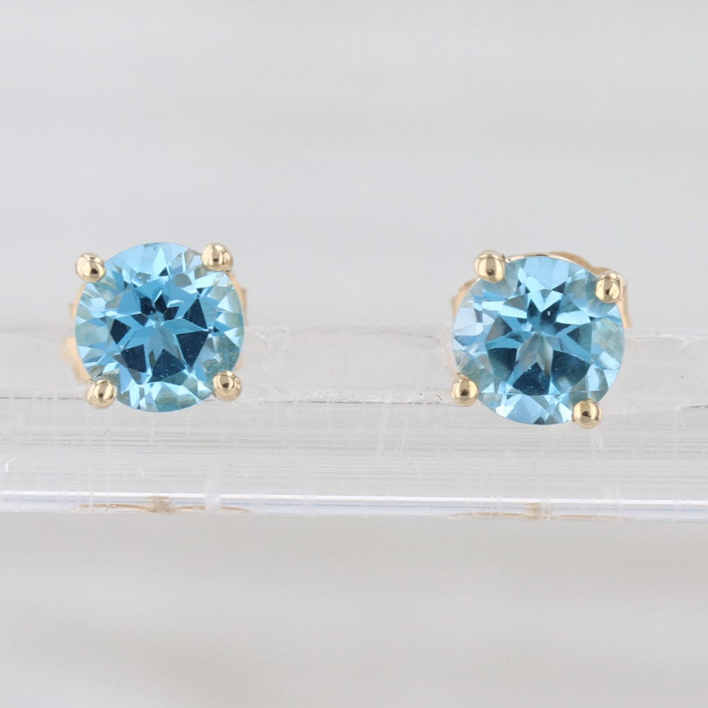 1.20ctw Light Blue Topaz Stud Earrings 14k Yellow Gold Round Solitaire Studs
