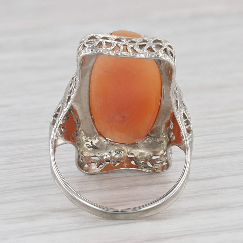 Vintage 14K White Gold Carved Shell Cameo Filigree Size 3.5 Ring