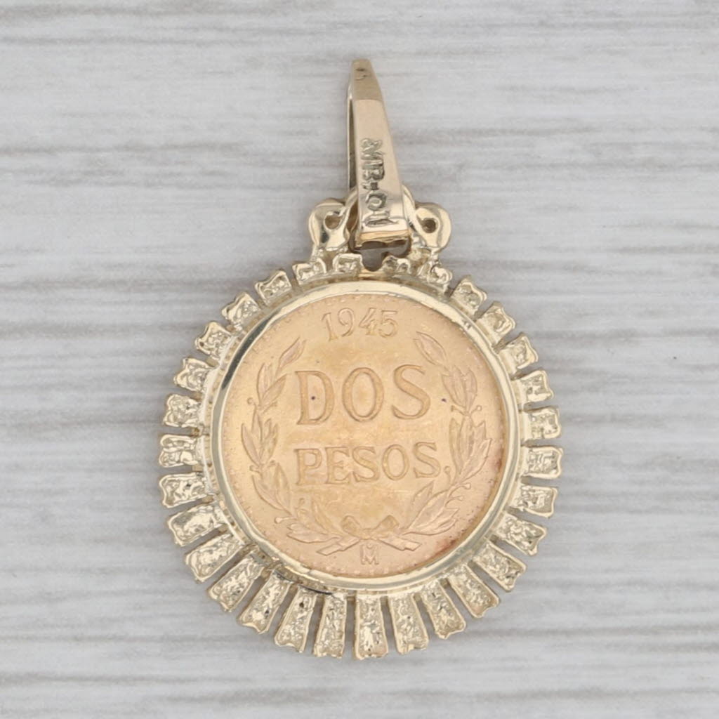 Gray 1945 Dos Pesos Coin Pendant 14k 20k Gold Vintage Mexico Eagle Seal Pendant