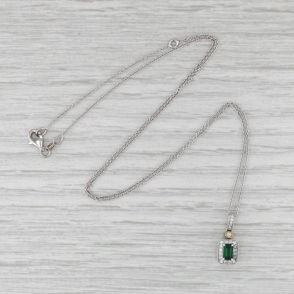 Simon G 0.43ctw Emerald Diamond Halo Pendant Necklace 18k White Gold Cable Chain