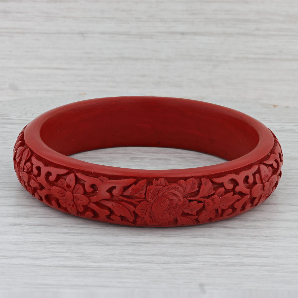 Saddle Brown Red Floral Carved Bangle Bracelet 7.5" 15.6mm