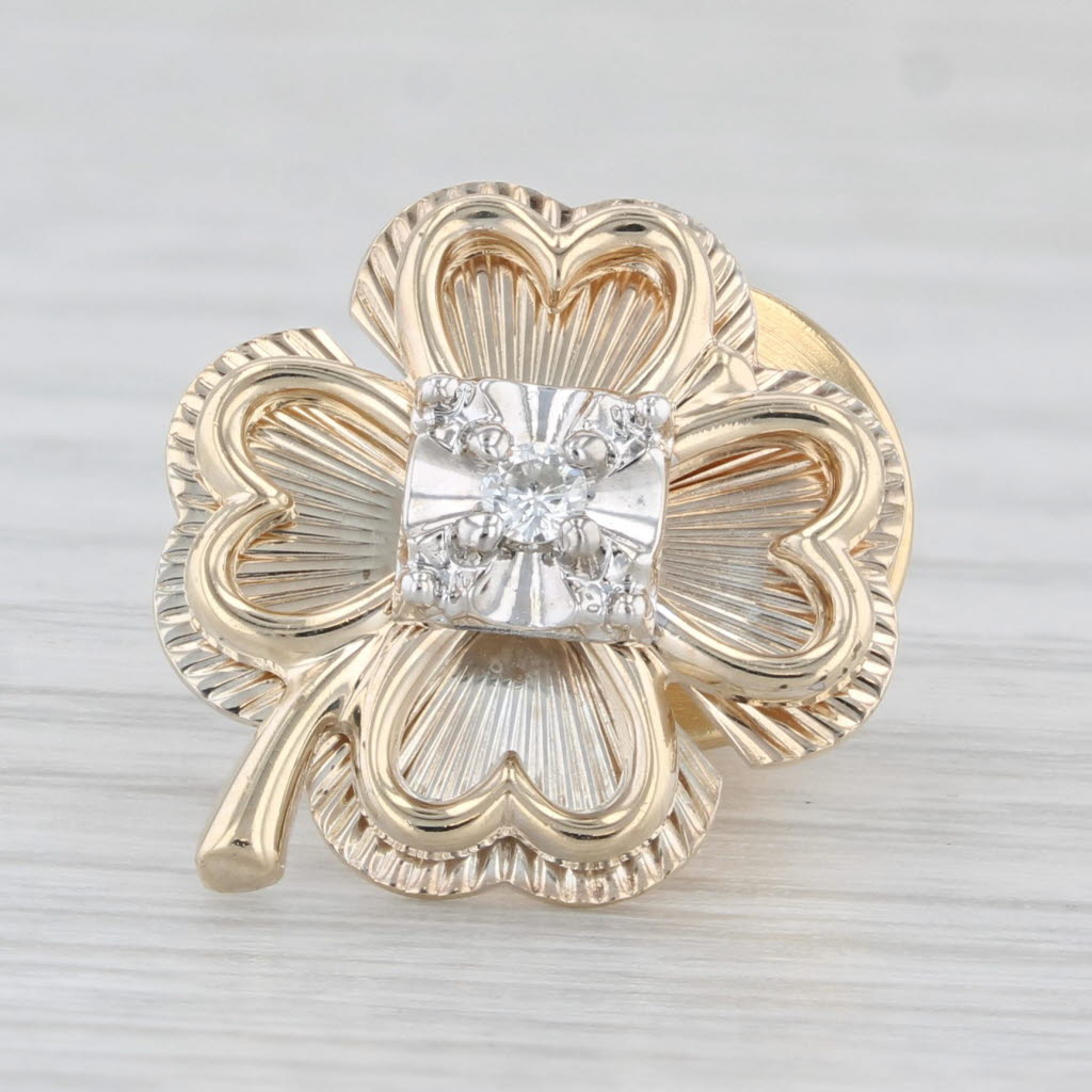 Light Gray Four Leaf Clover Shamrock Diamond Pin 14k Yellow Gold Lapel Tie Tac