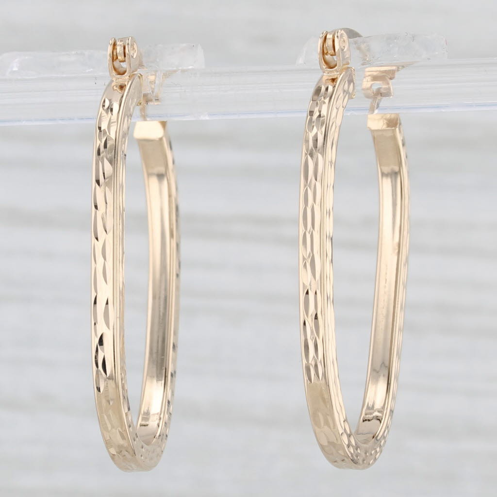 Light Gray Etched Pattern Oval Hoop Earrings 14k Yellow Gold Snap Top Hoops