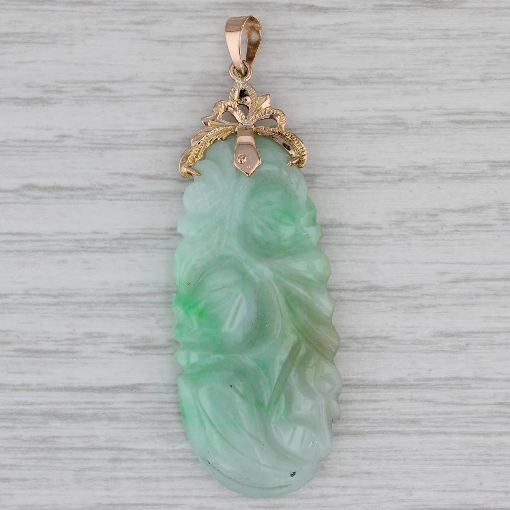Gray Carved Green Jadeite Jade Pendant 14k Yellow Gold Statement