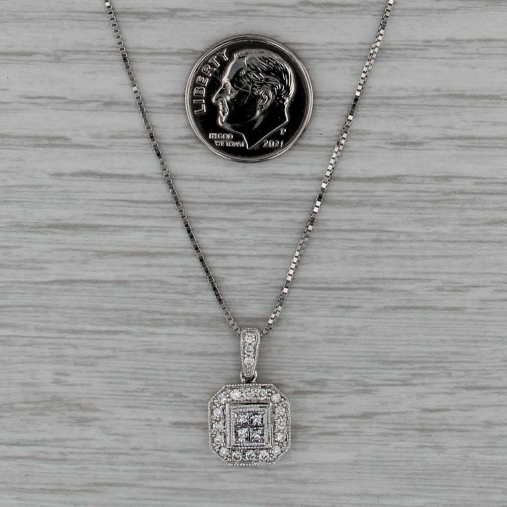 0.50ctw Princess Diamond Halo Pendant Necklace 14k White Gold 18" Box Chain