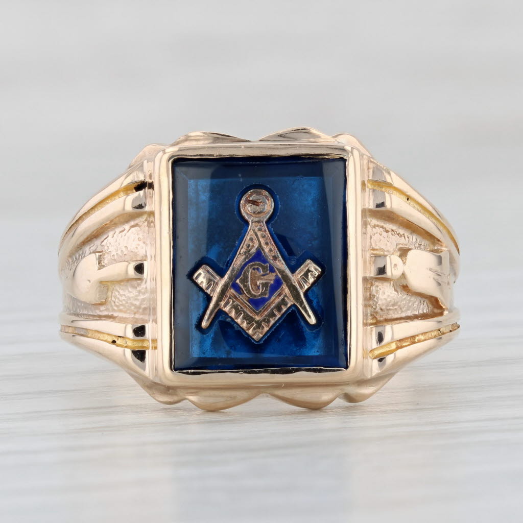 Light Gray Vintage Lab Created Blue Spinel Masonic Ring 10k Gold Square Compass Blue Lodge