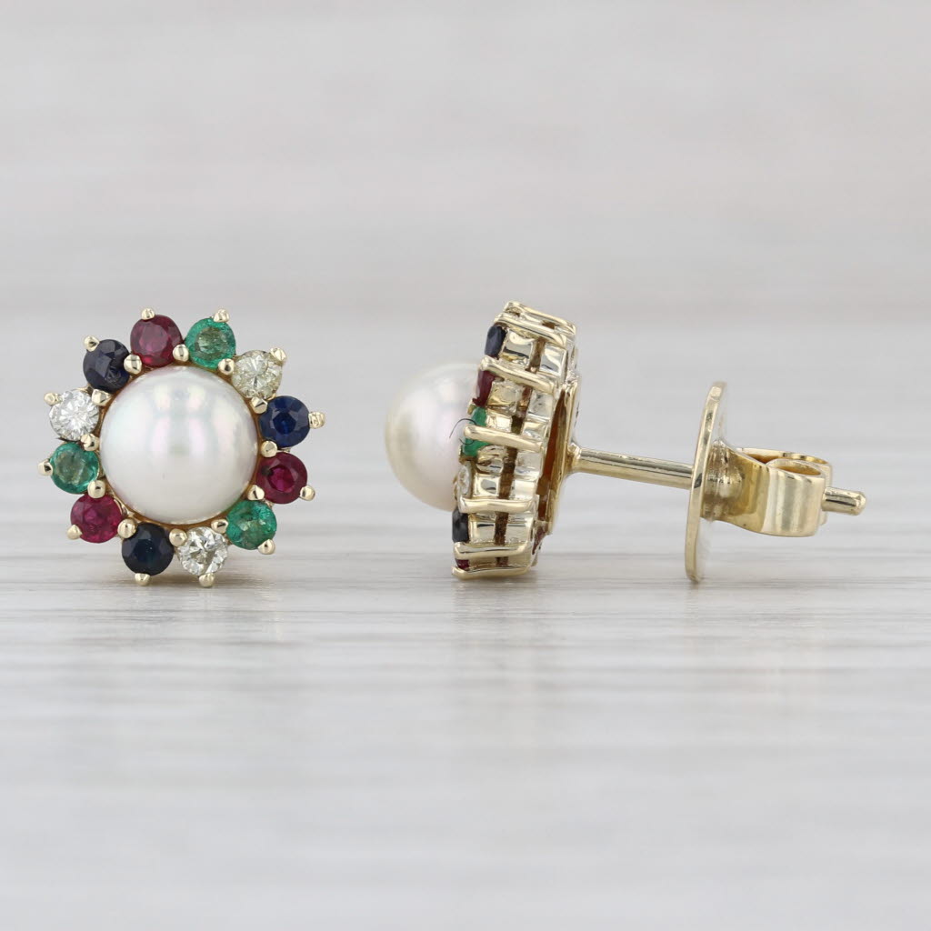 Cultured Pearl Gemstone Stud Earrings 14k Gold Ruby Emerald Sapphire Diamond