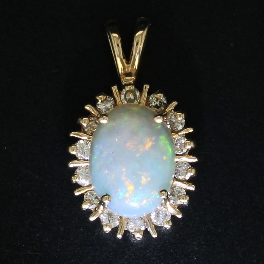 Gray Opal Diamond Halo Pendant 14k Yellow Gold Small Drop